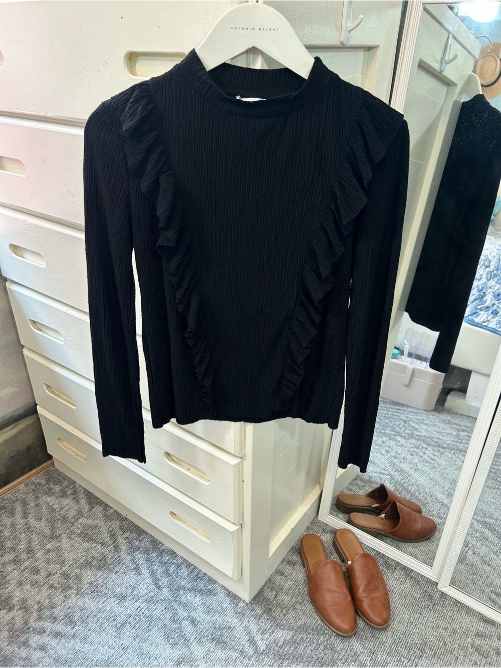 Mango Ruffle Ribbed Long Sleeve Viscose Blend Buttery Soft Stretch Mock Neck Top